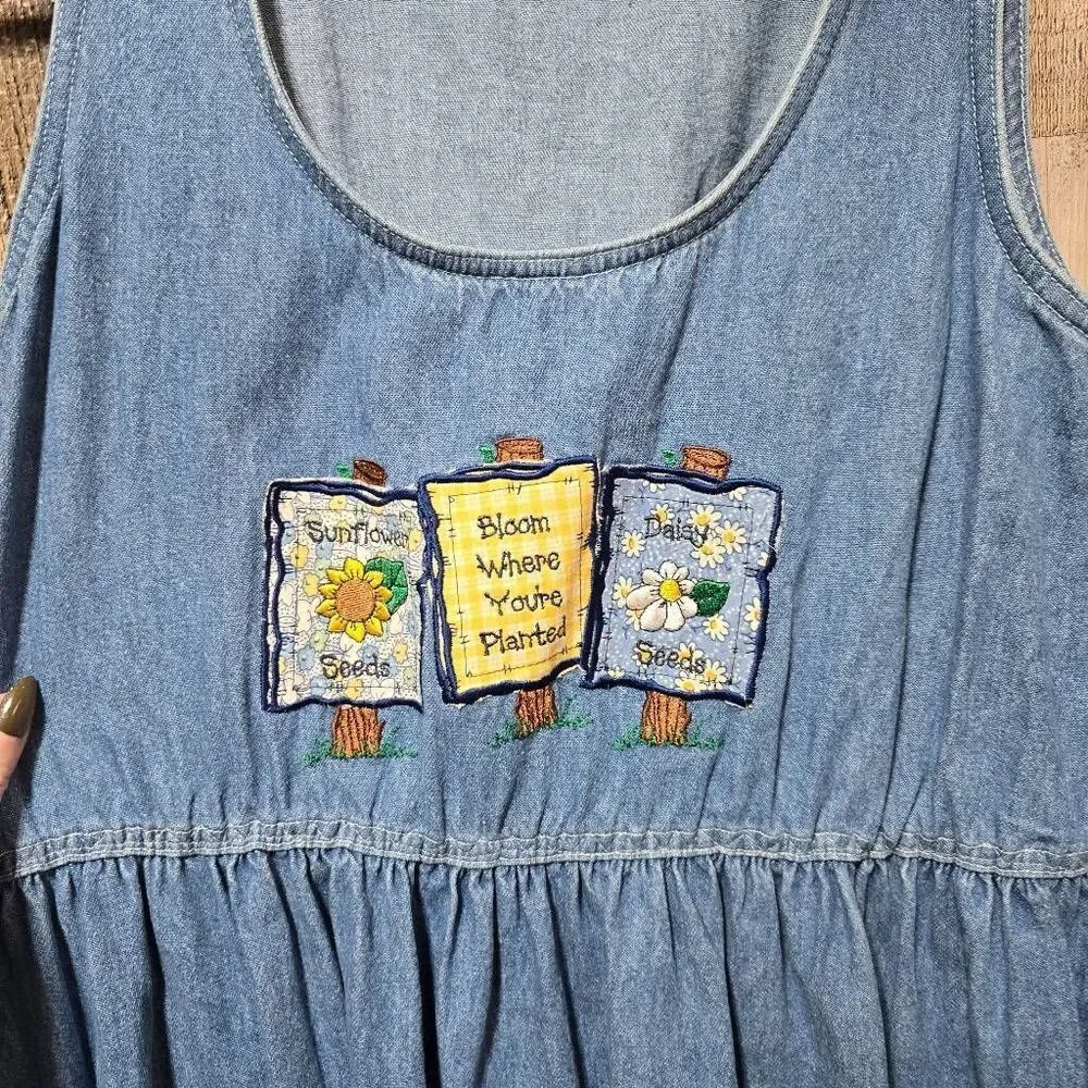 Winona Vintage 90s Blue Denim Jean Jumper Garden Floral Patch Dress Small Cottag - Picture 2 of 5
